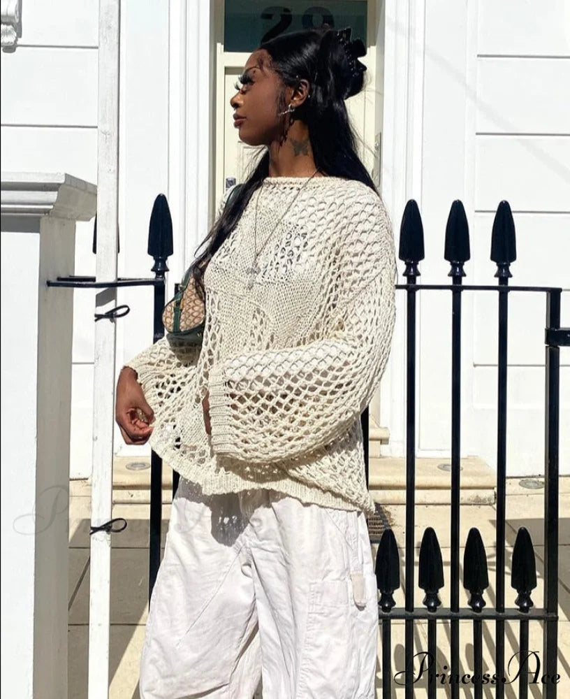 Distressed Cross Fishnet Charming Design Hollow Out Sweater