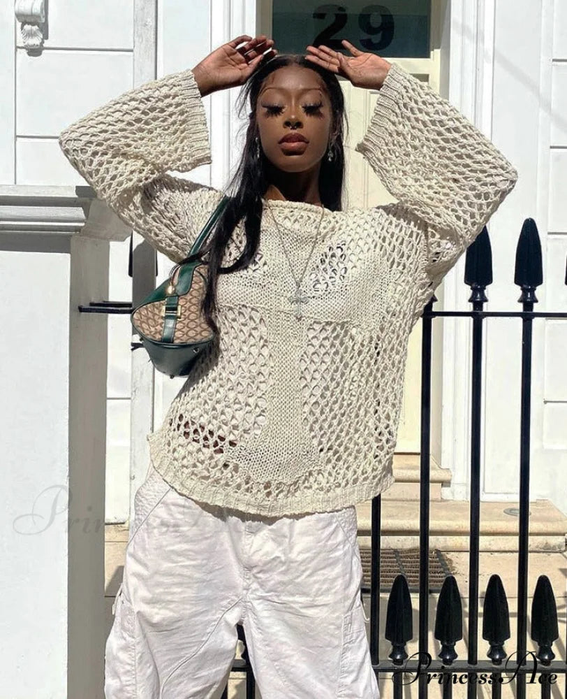 Distressed Cross Fishnet Charming Design Hollow Out Sweater Beige / S
