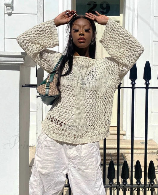 Distressed Cross Fishnet Charming Design Hollow Out Sweater Beige / S