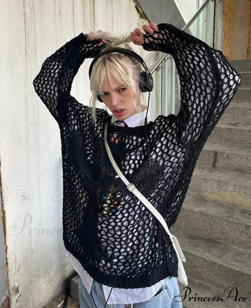 Distressed Cross Fishnet Charming Design Hollow Out Sweater Black / S