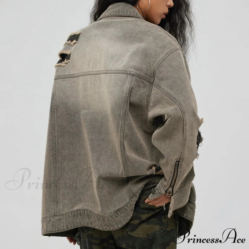 Distressed Denim With Collar Vintage Large Pockets Chic Stylish Elegant Fashionable Versatile Oversized Street Winter