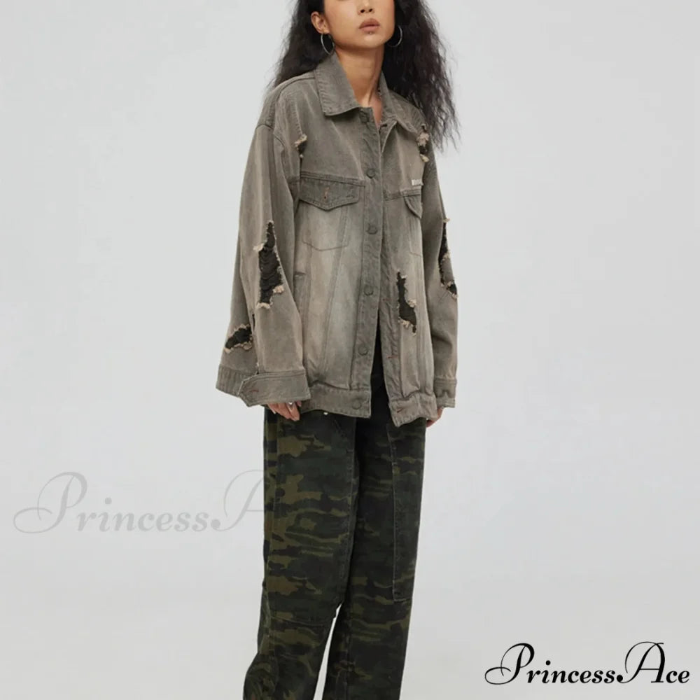 Distressed Denim With Collar Vintage Large Pockets Chic Stylish Elegant Fashionable Versatile Oversized Street Winter