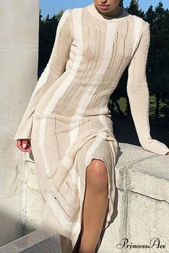 Distressed Hollow Out Knit Dress Khaki / M