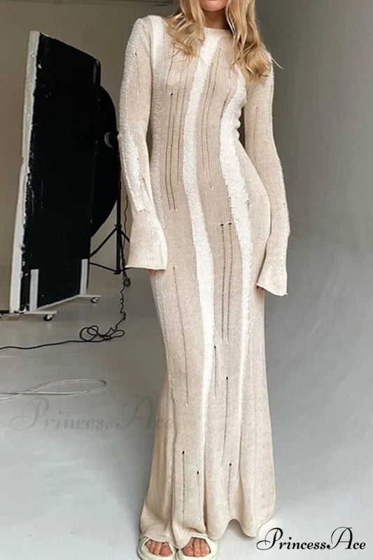 Distressed Hollow Out Knit Dress Khaki / S