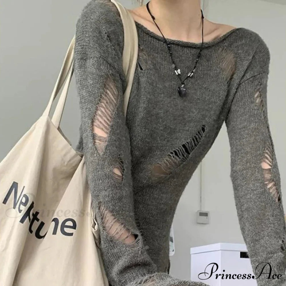 Distressed Hollow Out Knitted Jumper Trim Thin Pullover Knit Top knittop-250126