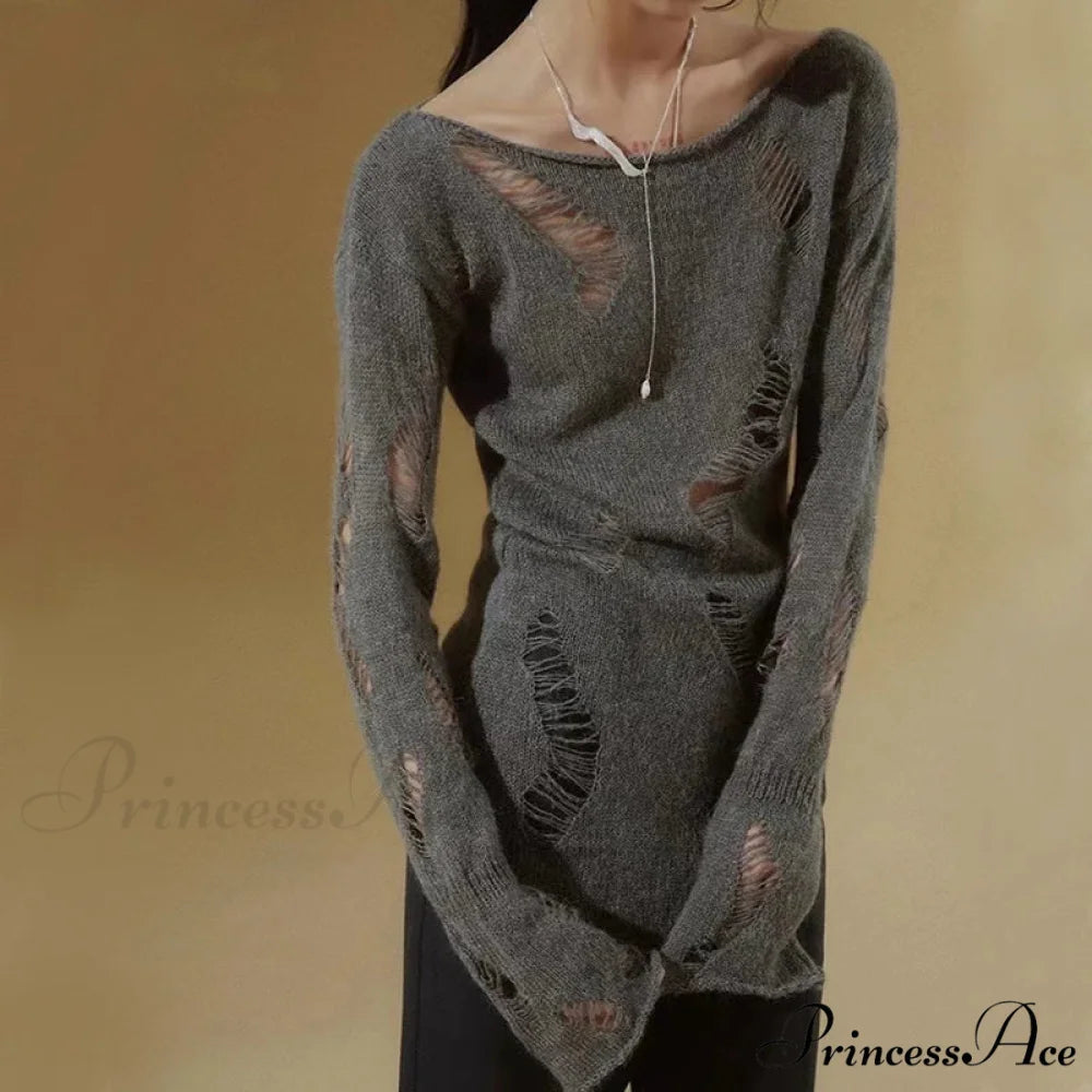 Distressed Hollow Out Knitted Jumper Trim Thin Pullover Knit Top knittop-250126
