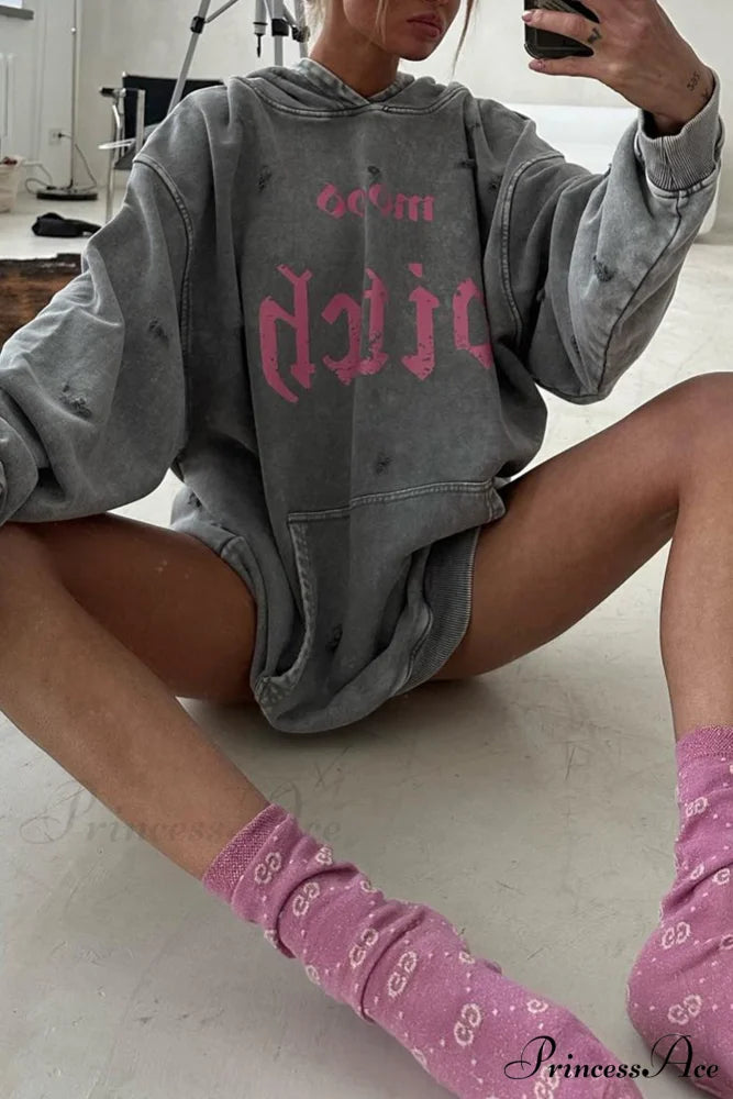 Distressed Hoodie with Letter Print Dark Grey / L
