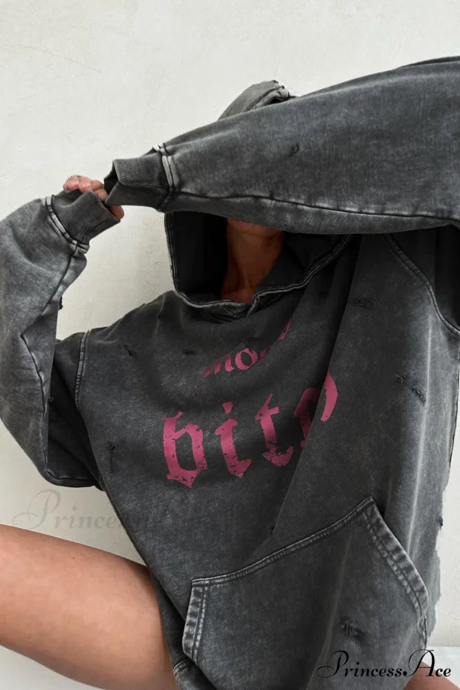 Distressed Hoodie with Letter Print Dark Grey / M