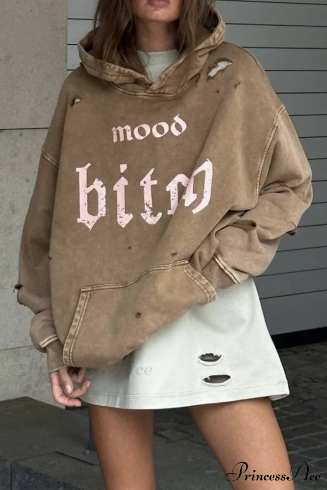 Distressed Hoodie with Letter Print Khaki / L
