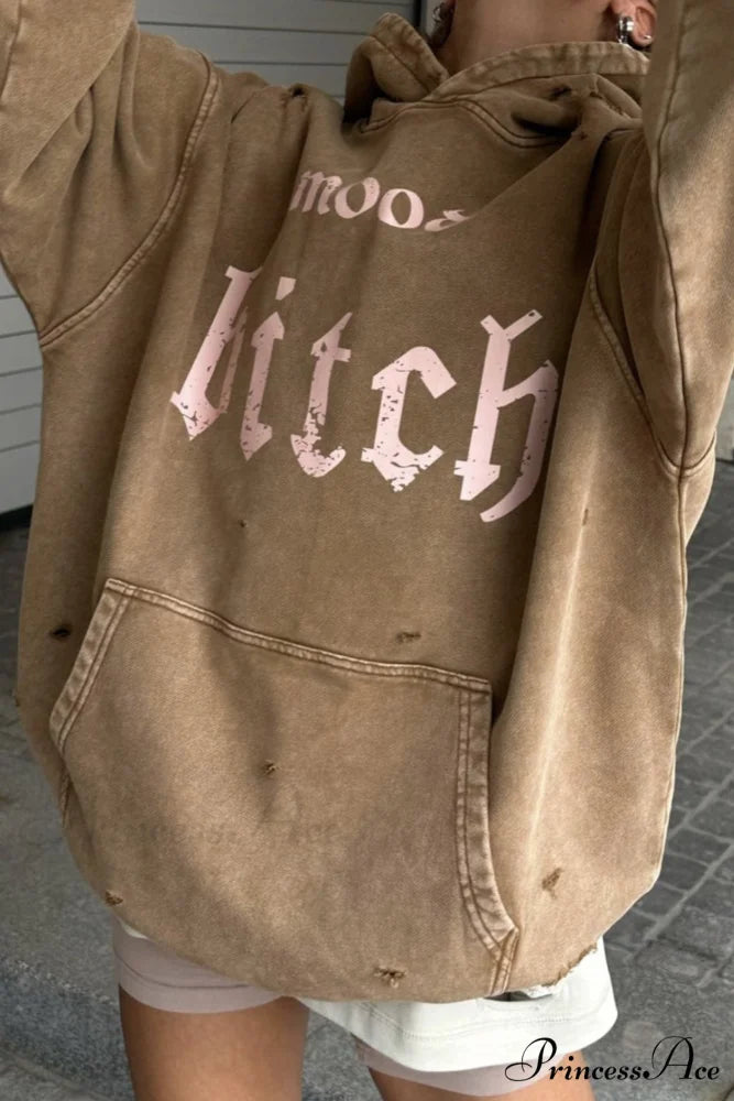 Distressed Hoodie with Letter Print Khaki / S