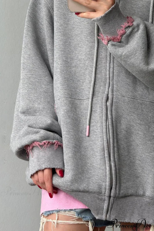 Distressed Pink Zip Loose Hoodie