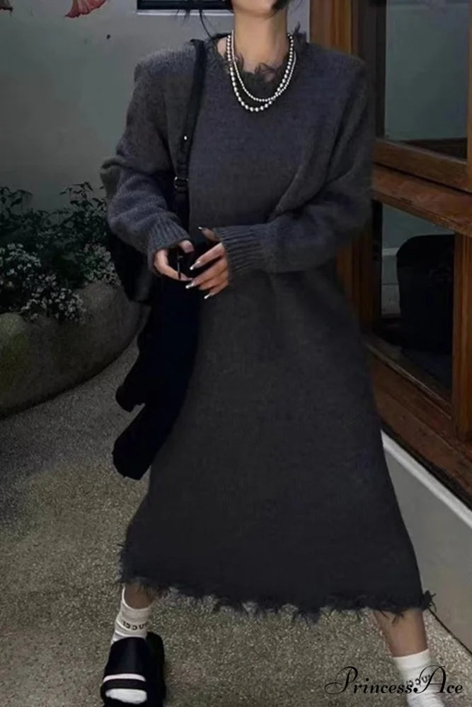 Distressed Raw Edge Knit Dress Grey / One Size