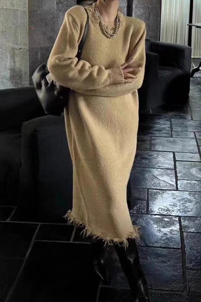 Distressed Raw Edge Knit Dress Khaki / One Size