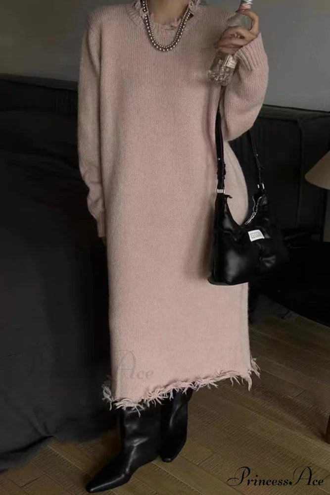 Distressed Raw Edge Knit Dress Pink / One Size