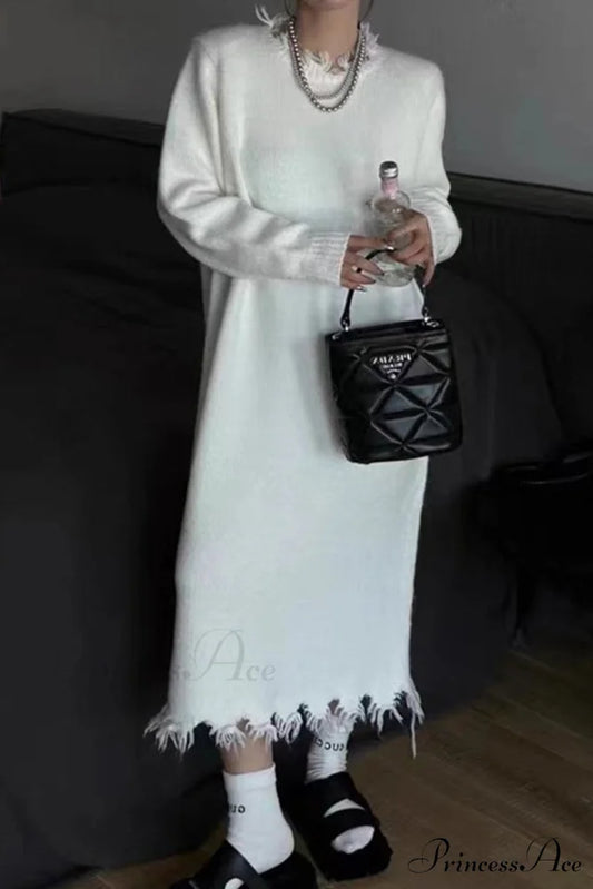 Distressed Raw Edge Knit Dress White / One Size