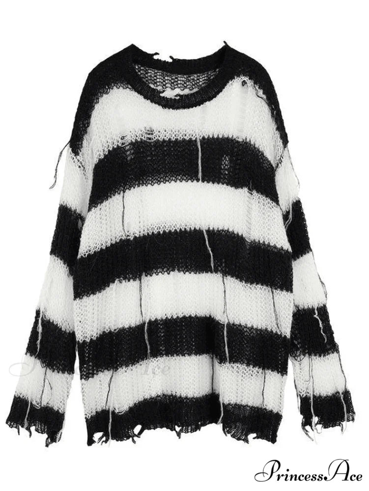 Distressed Striped Graceful Crop Sweater Black / ONE SIZE