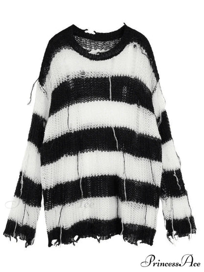 Distressed Striped Graceful Crop Sweater Black / ONE SIZE