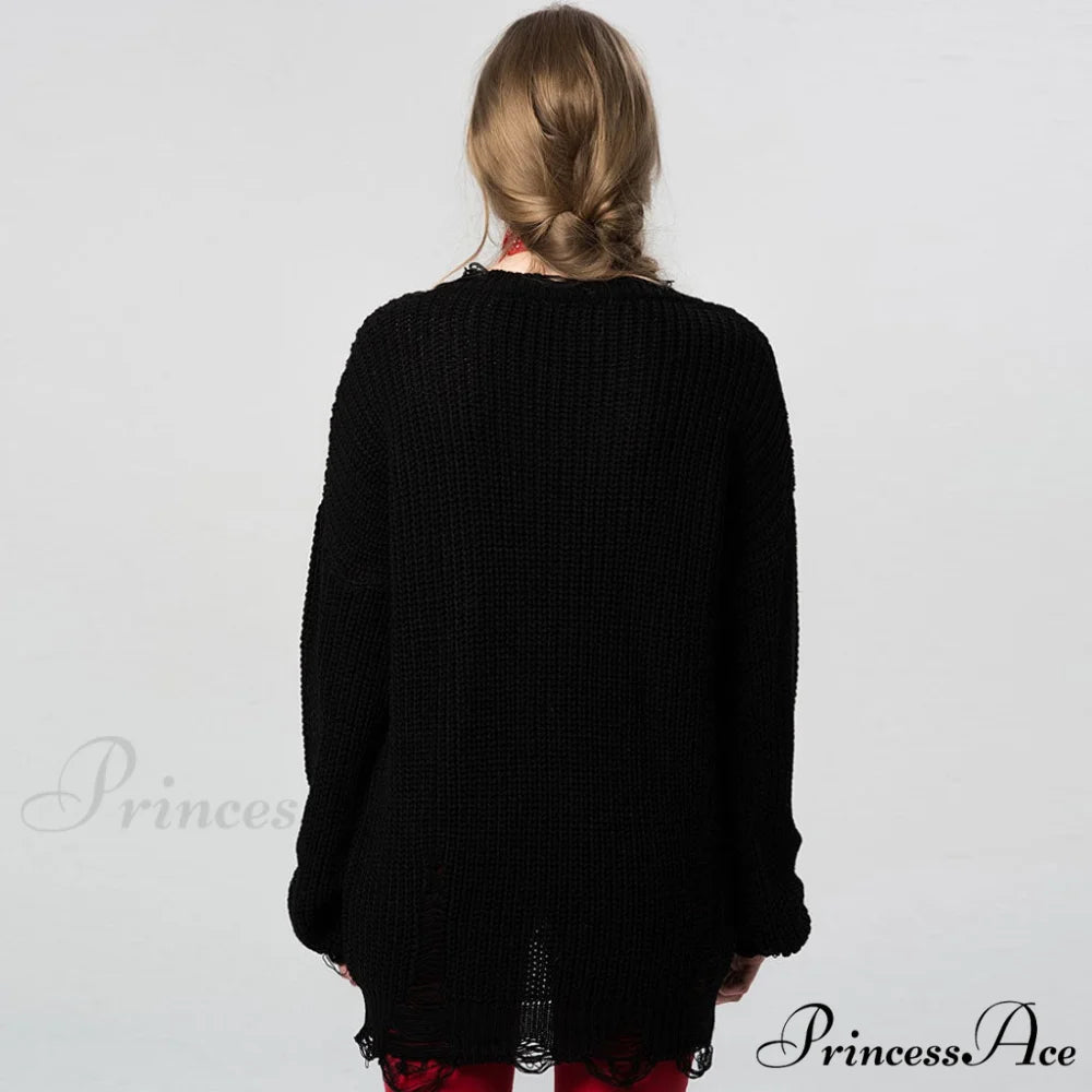 Distressed Striped Graceful Knit Top L / Black
