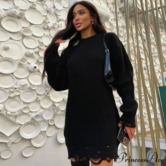 Distressed Striped Graceful Knit Top S / Black