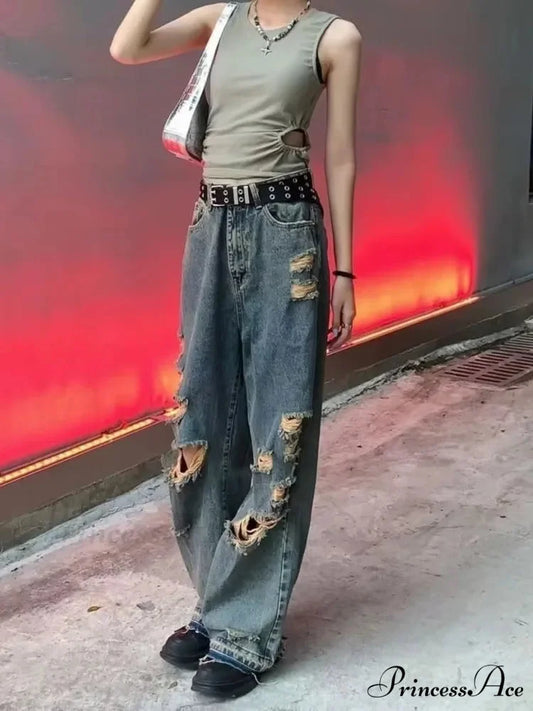 Distressed Trendy Brand Washed Vintage Versatile Trendy Wide Leg Design Inset Jean Blue / S