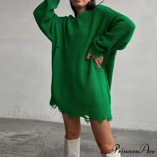 Distressed Trim Pullover Sweater Modern Mini Dress - Black S / Emerald Green