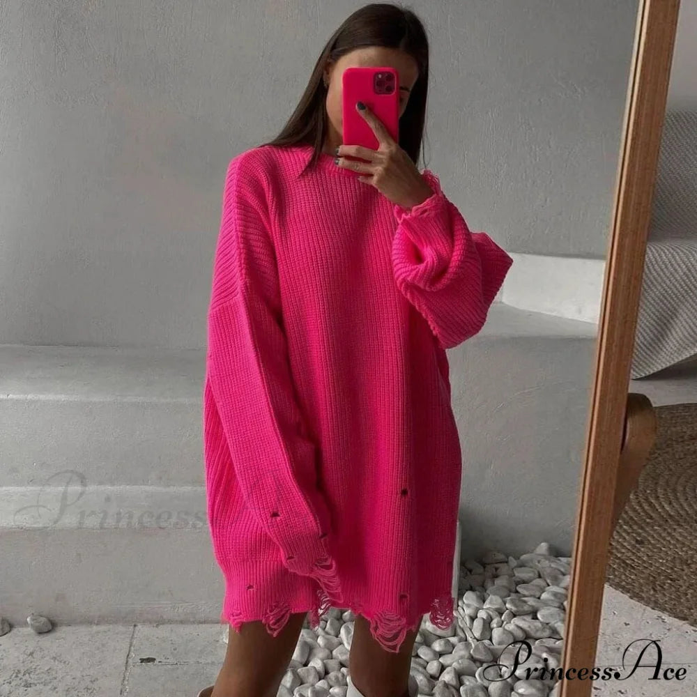 Distressed Trim Pullover Sweater Modern Mini Dress - Emerald Green L / Rose