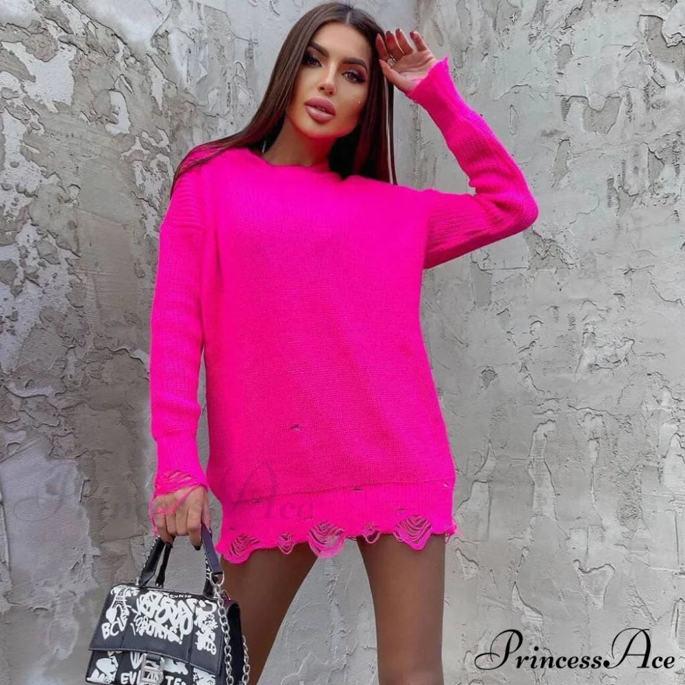 Distressed Trim Pullover Sweater Modern Mini Dress - Emerald Green S / Rose