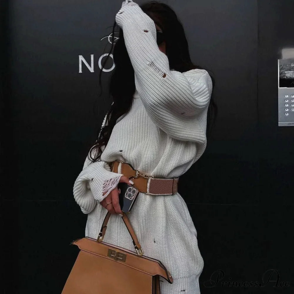 Distressed Trim Pullover Sweater Modern Mini Dress - Rose L / White