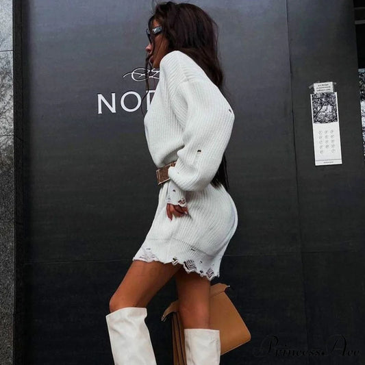 Distressed Trim Pullover Sweater Modern Mini Dress - Rose M / White