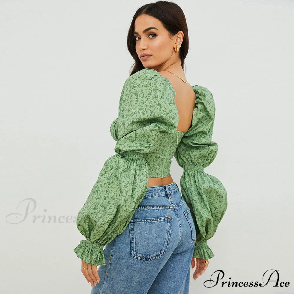 Ditsy Floral Graceful Short-Sleeve Mini Dress L / Green