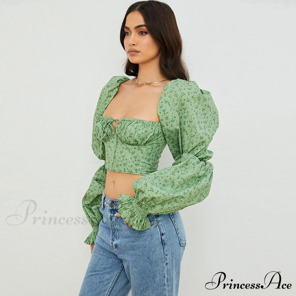 Ditsy Floral Graceful Short-Sleeve Mini Dress M / Green