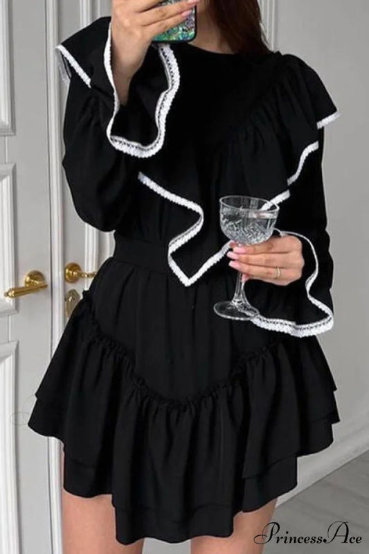 Diva Darling Ruffled Charming Flare Sleeve Mini Dress Black / S