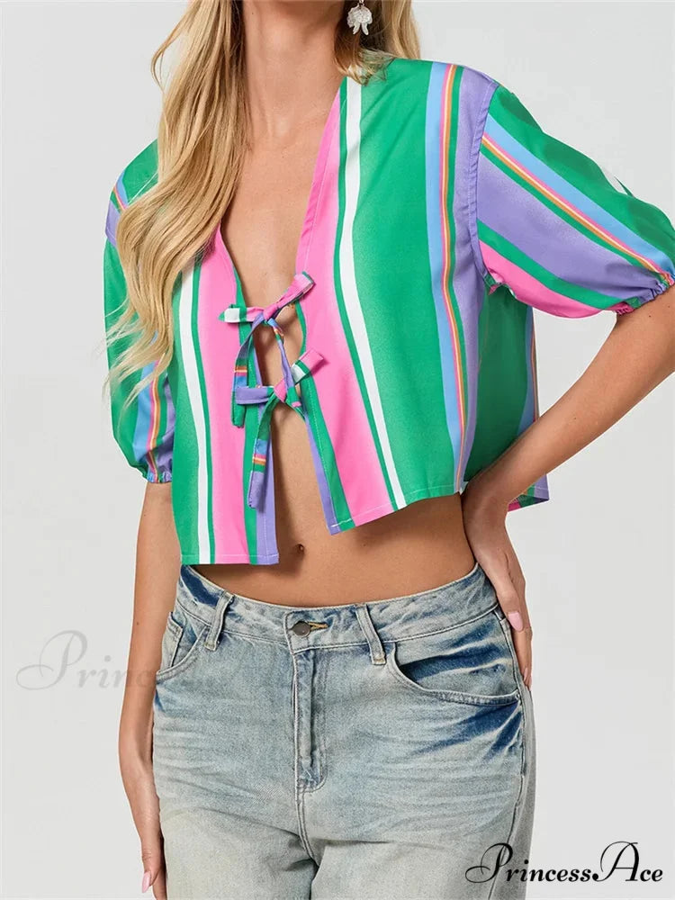 Divide Bind Puff Sleeve Top blouse-250223