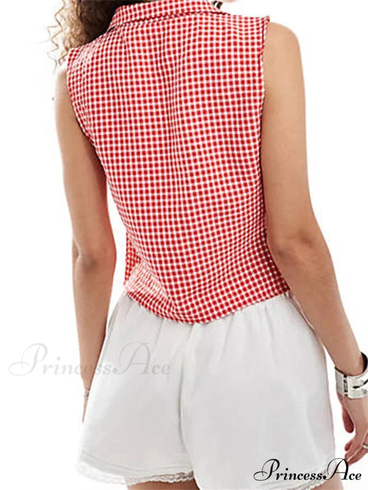 Divided Fasten Plaid Lapel Collar Tank Crop Top croptop-250126