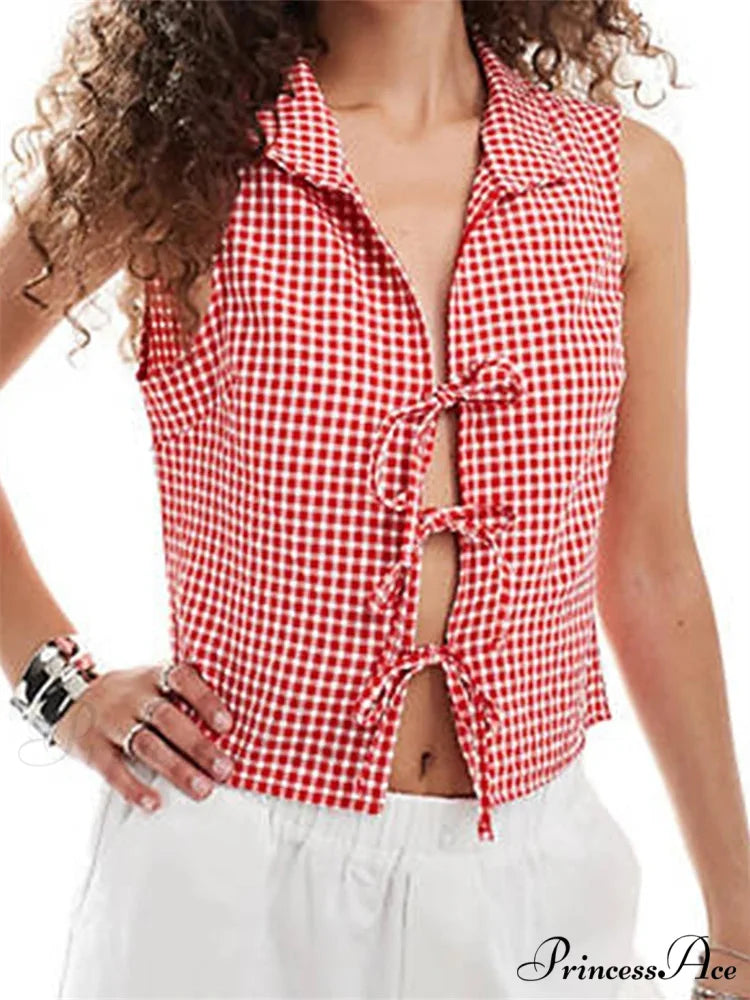 Divided Fasten Plaid Lapel Collar Tank Crop Top RED / S croptop-250126