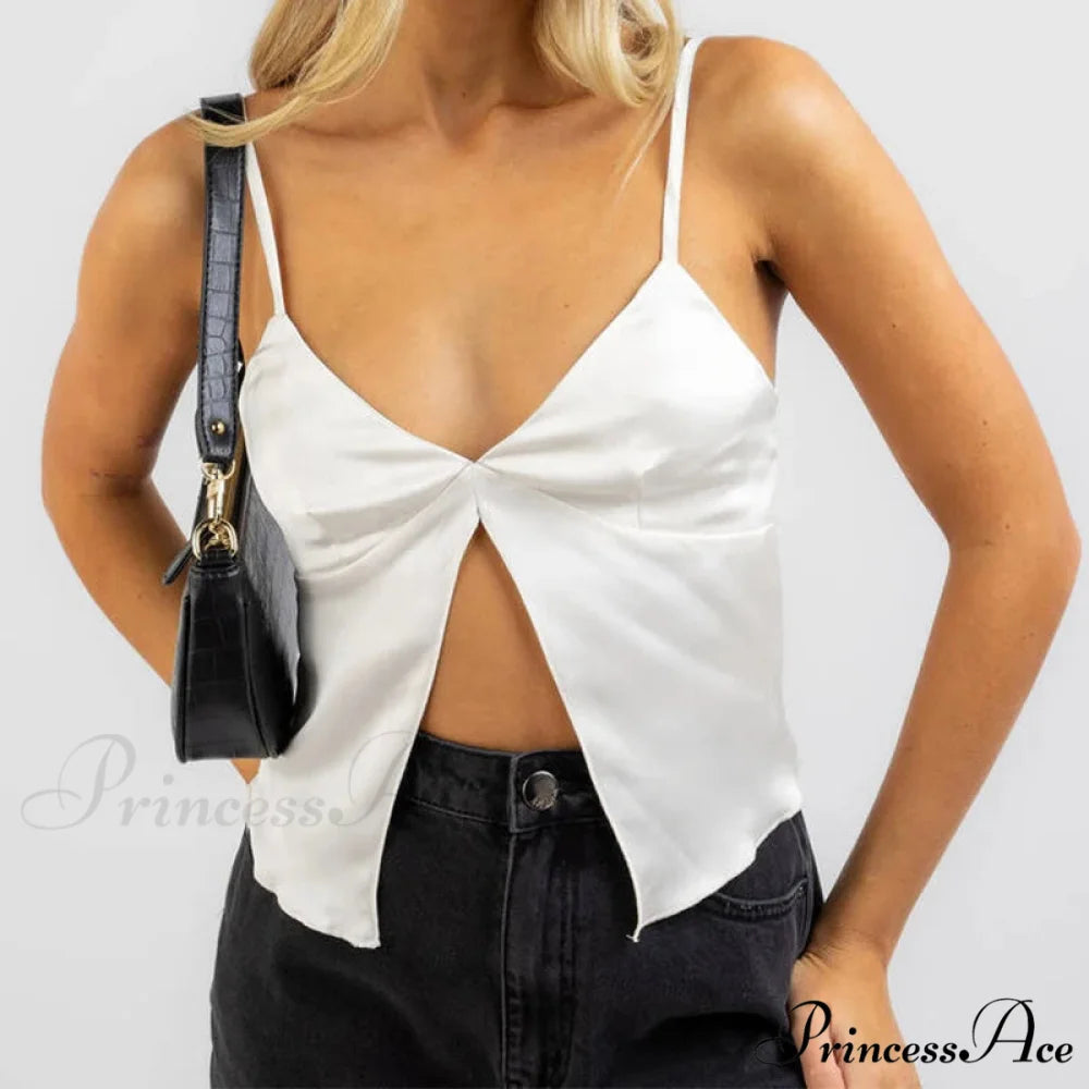Divided Hem Gathered V-Neck Crop Top croptop-250223