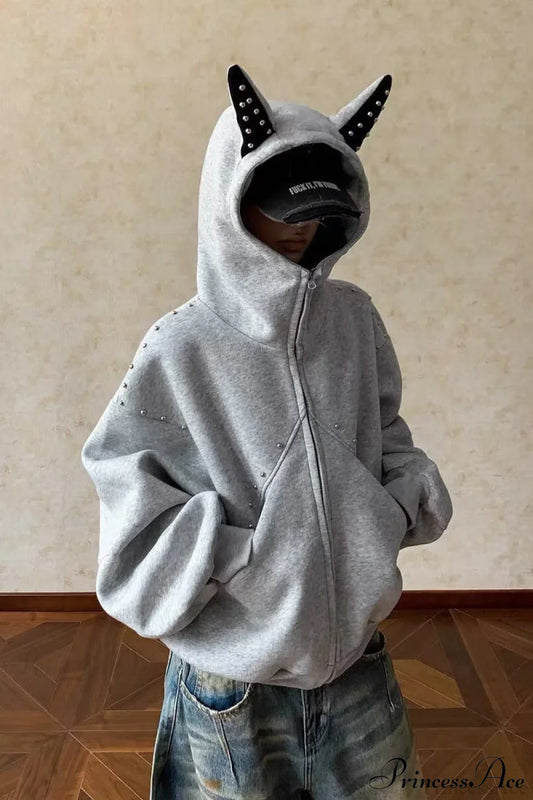 Doberman Ear Trimmed Rivet Patchwork Cropped Zip Hoodie