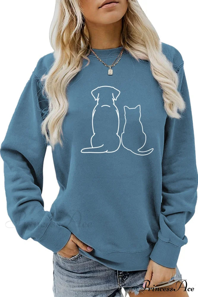 Dog & Kitty Graphic Sweatshirt Blue / S