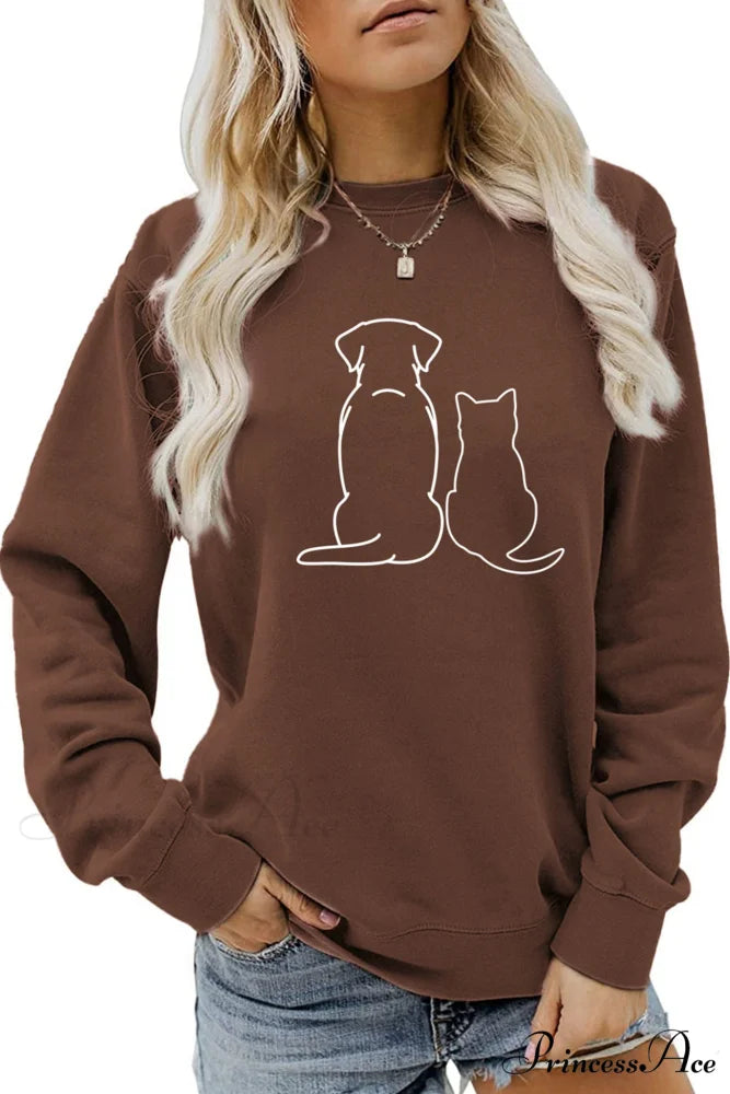 Dog & Kitty Graphic Sweatshirt Brown / S