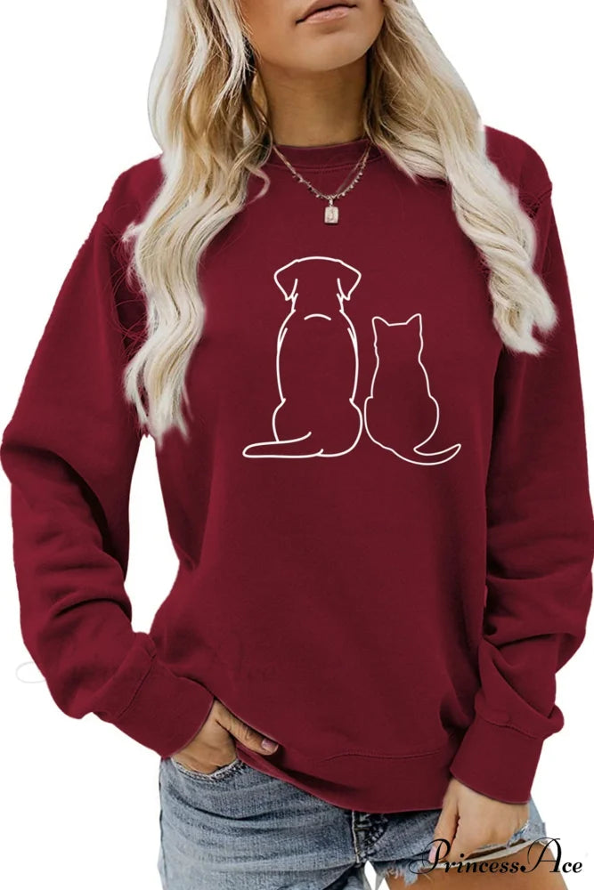 Dog & Kitty Graphic Sweatshirt Maroon / S