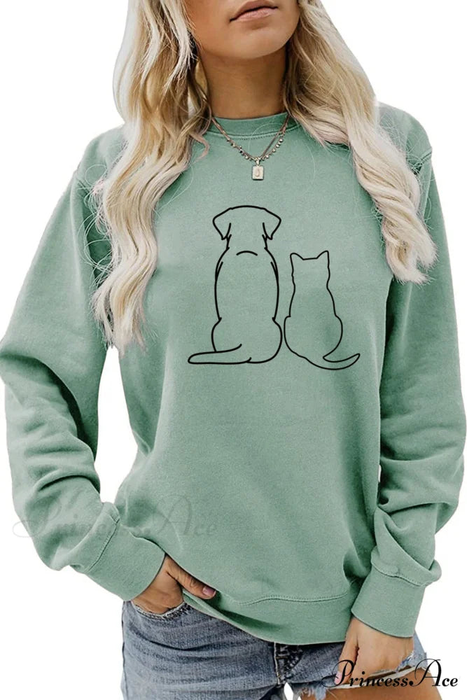 Dog & Kitty Graphic Sweatshirt Mint Green / S