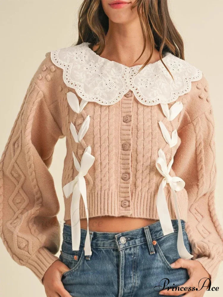 Doll Collar Tie-Up Lengthy Sleeve Knit Cardigan pink / S cardigans-241228