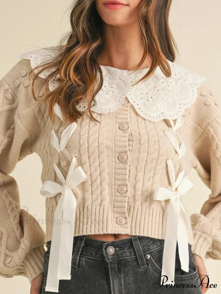 Doll Collar Tie-Up Lengthy Sleeve Knit Cardigan white / S cardigans-241228