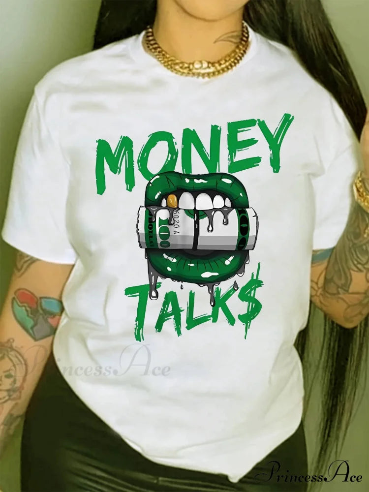Dollar & Mouth Spring & Summer Women’s Clothing Graphic Print Crew Neck Short Sleeve T-shirt WHITE / S