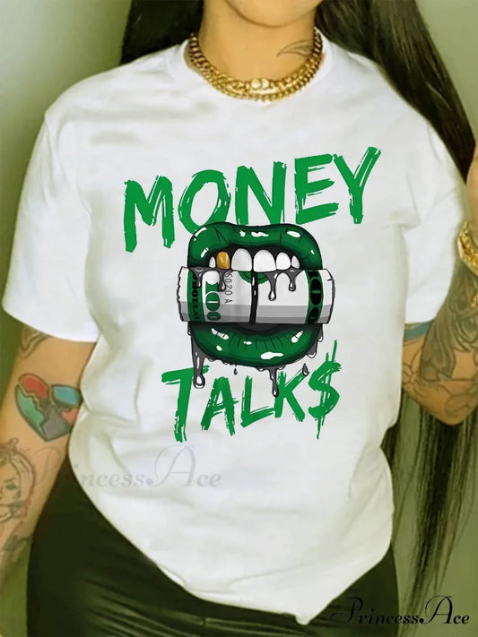 Dollar & Mouth Spring & Summer Women’s Clothing Graphic Print Crew Neck Short Sleeve T-shirt WHITE / S