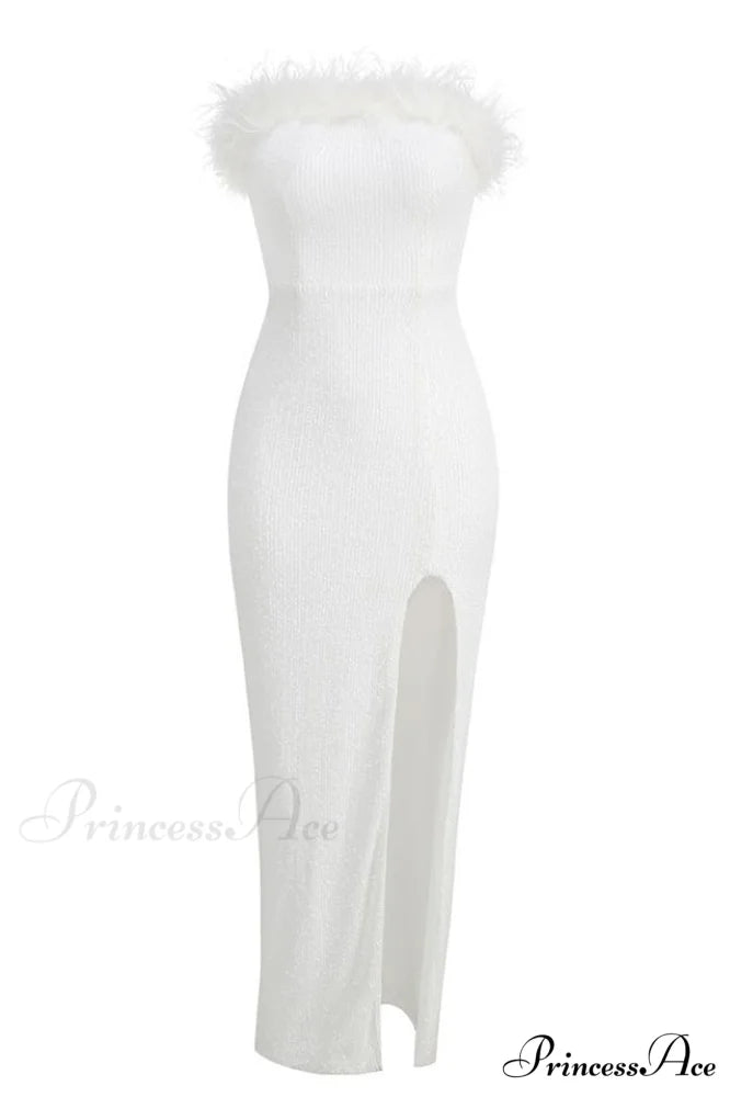 Dolly Sequin Stylish Feather Dress XS / White