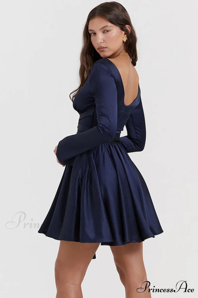 Dominique Navy Stylish Plunge Mini Dress