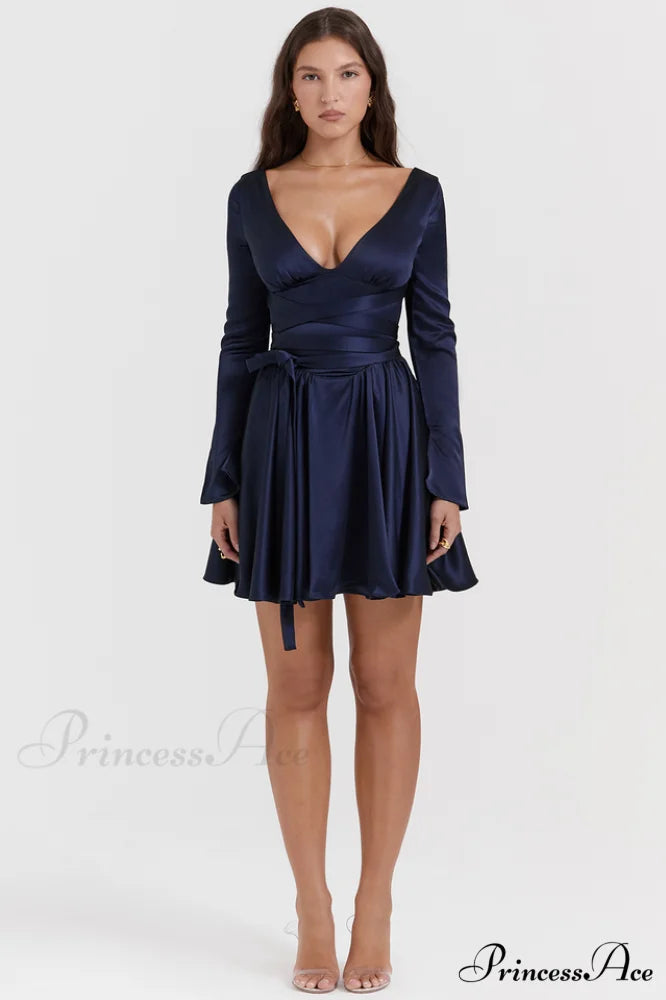 Dominique Navy Stylish Plunge Mini Dress