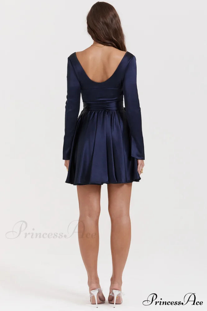 Dominique Navy Stylish Plunge Mini Dress