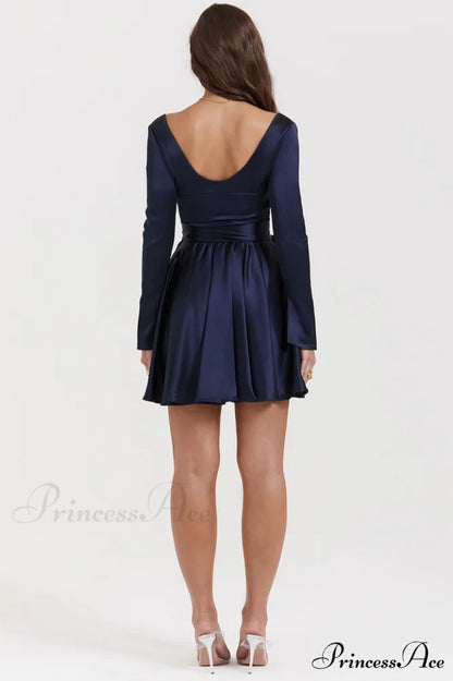 Dominique Navy Stylish Plunge Mini Dress